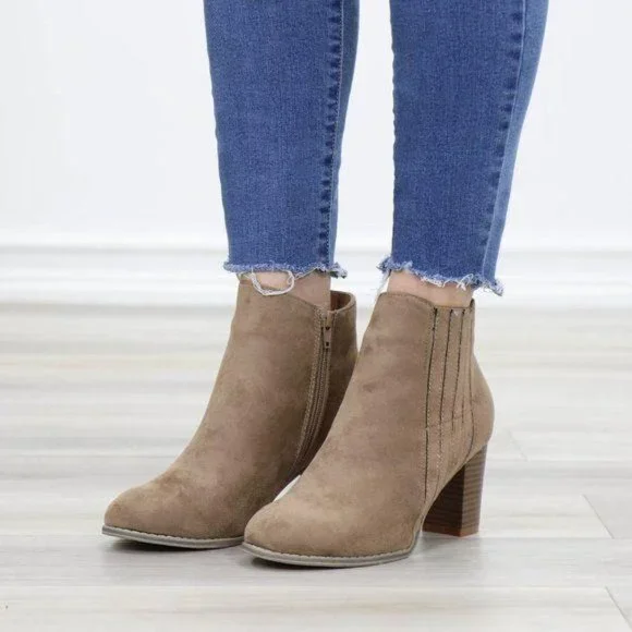 Faux Suede Bock Heel Ankle Bootie - Picture 12 of 13